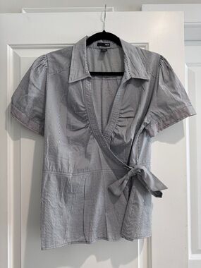 H&M Navy and White  Pinstripe Wrap Blouse with Short Puff Sleeves